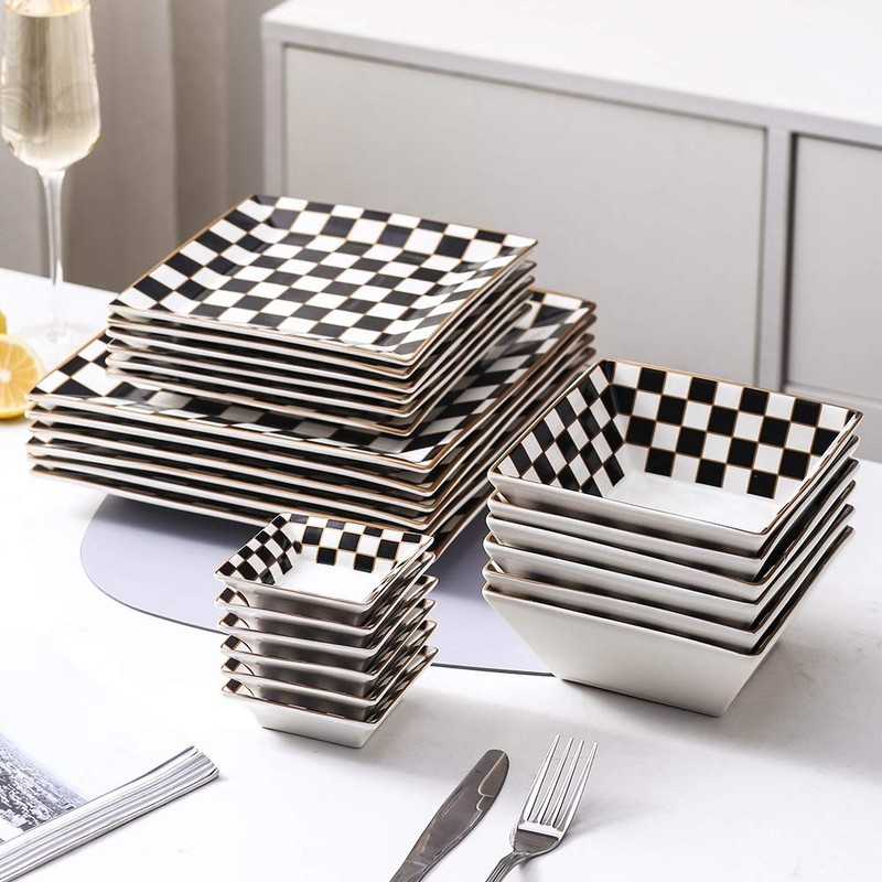 Porlien Checker Porcelain Square Dinnerware Set for 4, Dishes Set