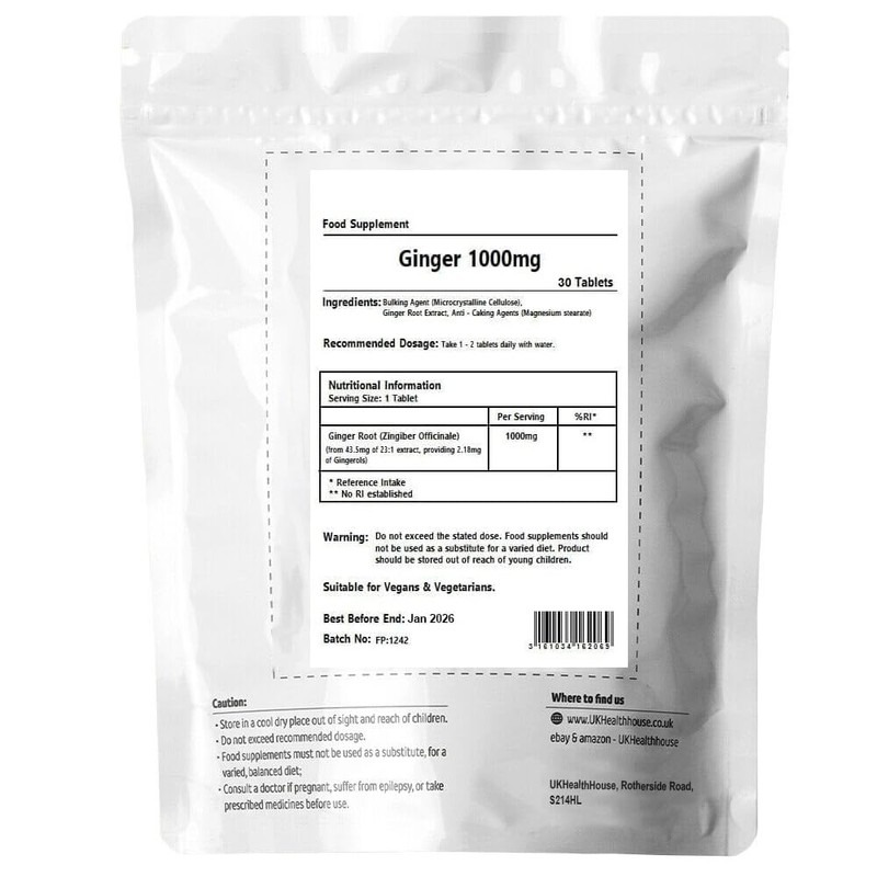 UKHealthHouse Ginger Root 1000mg Extract Tablets - Providing Gingerols &