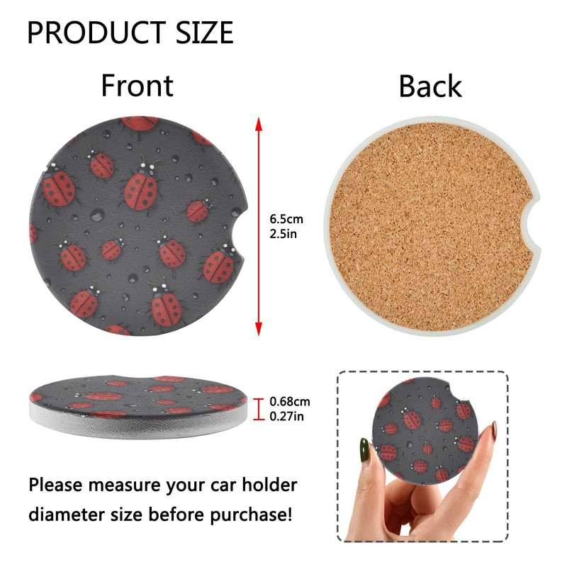 KEEPREAL 2 Pack Red Ladybugs Car Coasters for Drinks Absorbent,
