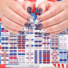 DANNEASY 24 Sheets 4th of July Nail Polish Stickers Full Nail Wraps Independence Day Self Adhesive Nail Polish Strips Fingernail Stick on Nails for Women with Nail File, Cuticle Stick