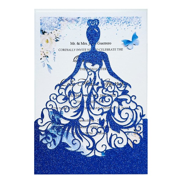 KUCHYNEE 5.12 x7.28 inch 50PCS Royal Blue Glitter Quinceanera Invitations Kit Laser Cut Hollow Girl Princess Pocket with Envelopes Quinceanera Invitations for Quinceanera Bridal Shower Invite