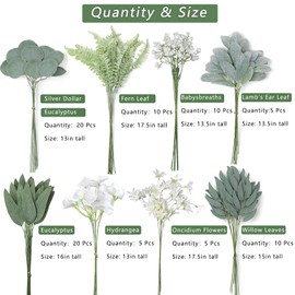 VIERENA Artificial Greenery Stems Box Set(Pack of 85pcs) with 8 Kinds of Faux Plants and Fake Flowers for DIY Wedding Bouquet Table Centerpieces and Floral Arrangement (White&Dusty Green)