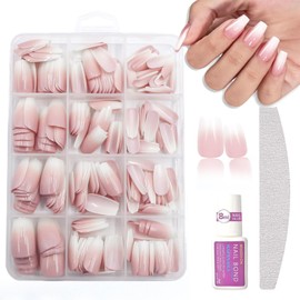 240Pcs False Nails Kit - Medium Coffin Ballerina Press On Nails - Pink White Gradient Soft Gel False Nail Tips Salon Perfect Fake Nails Kit Gift for Women Extensions DIY