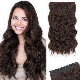 SEGO 3/4 Full Head Clip in Hair Extensions Long Wavy Synthetic Hairpiece 24 Inch One Piece Clip In Hairpiece With 5 Secure Clips, Dark Brown