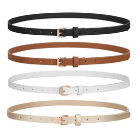LEACOOLKEY 4 PACK Skinny Leather Belt for Women Dress Thin Waist Belt with Gold Buckle for Jeans Dresses