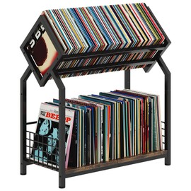 2-Tier Vinyl Record Storage Holder with Dividers, 24.4''W Vinyl Record Display, 300 LPs Vinyl Record Storage Rack, Suitable for Magazines, Books, Documents, Albums