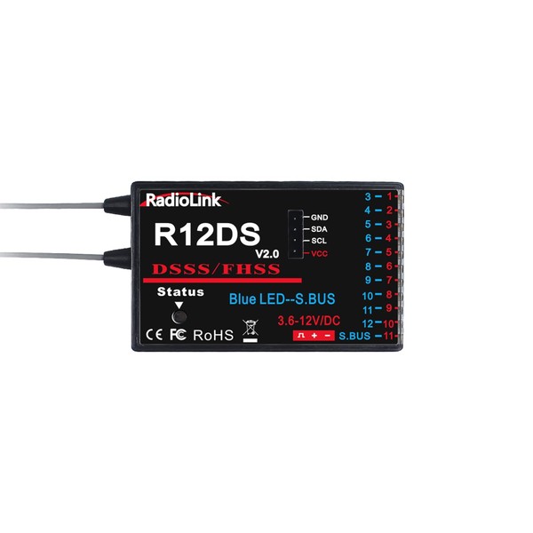 Radiolink R12DS 2.4GHz RC Receiver 12 Channels SBUS/PWM Long Range Control for Airplane, Aircraft Drone Jet RC Transmitter AT10II/AT10/AT9S Pro/AT9S/AT9