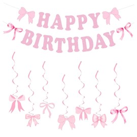 YSJCHEBS 1 Piece Happy Birthday Pull Flag, 7 Pieces Ribbon Pendants, Pink Bow Decoration, Birthday Party Background Decoration, Girls Party Supplies