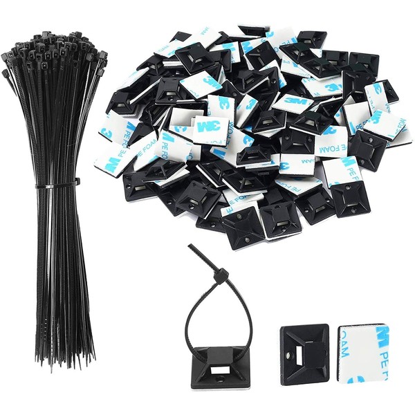 SeuYeugX SeuYeugX Black Cable Tie Zip Self Adhesive Mounts Set,