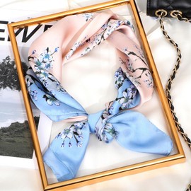 CaySep Women Silk Scarfs Small Square Scarf 27" x 27" - Print Peachblossom Scarf Lightweight Neckerchief Headscarf for Trave