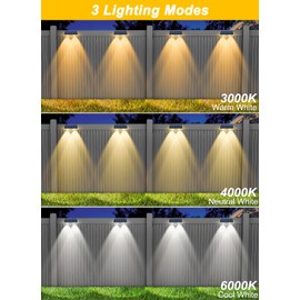 CREPOW Solar Fence Lights Outdoor - 3000K/4000K/6000K 3 Color Modes, IP65 Waterproof Fence Lights Solar Powered Outdoor, Solar Powered Wall Light for Outside Porch Step Wall Stairs Patio Yard (4 Pack)