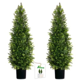 Aveyas 4ft Artificial Cedar Topiary Trees for Outdoor Front Porch Door, 4 Feet Faux Potted Plants Evergreen Fake Pine Cypress Tree for Outside Home Decor (4 ft Tall) - Set of 2 Pack