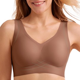 Domilo Wireless Full Coverage Bra Back Smoothing Seamless Support and Lift Everyday Bras for Older Women(Coffee,M)