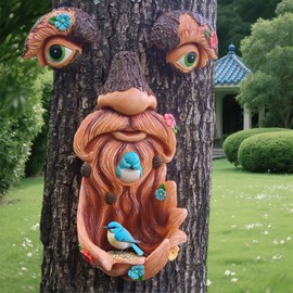 GOLDSRON Tree Face Decor Outdoor: Tree Trunk Hugger Sculptures with Bird Feeder - Old Man Yard Art Statues with Flowers for Outdoor Garden Decor
