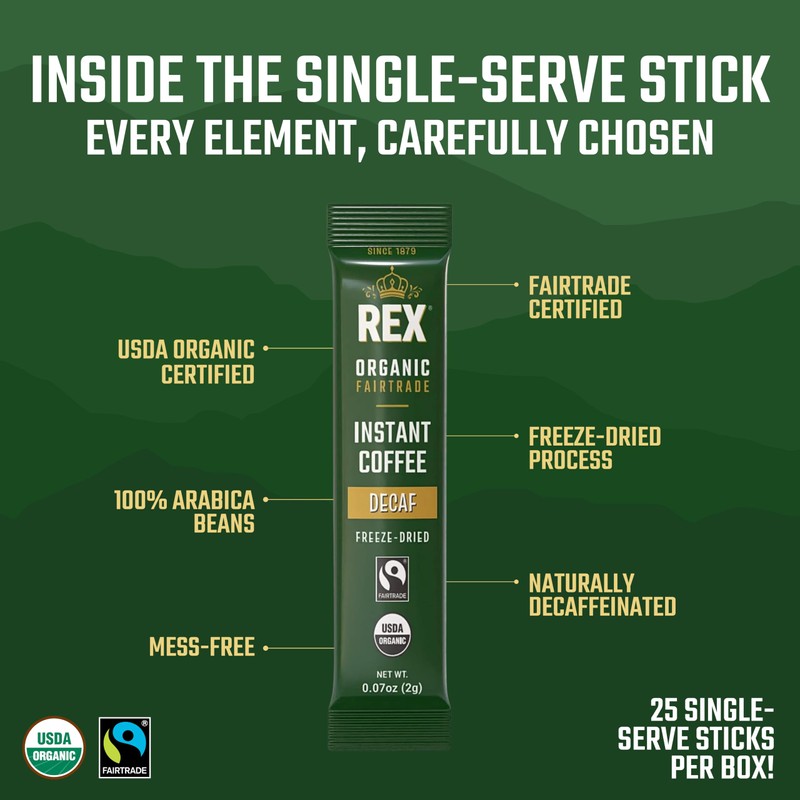 Rex Coffee Organic Fairtrade Natural Decaf Freeze-Dried Instant Sticks –