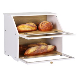 HOMEKOKO Double Layer Large Bread Box for Kitchen Counter, Wooden Large Capacity Bread Storage Bin (White)
