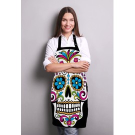 Wasach Sugar Skull Kitchen Cooking BBQ Chef Apron,Funny Apron for Men, Women and Dad Presents, Presents for Men Birthday, Mothers Day Presents for Mom, Wife, Husband, Brother, Friends