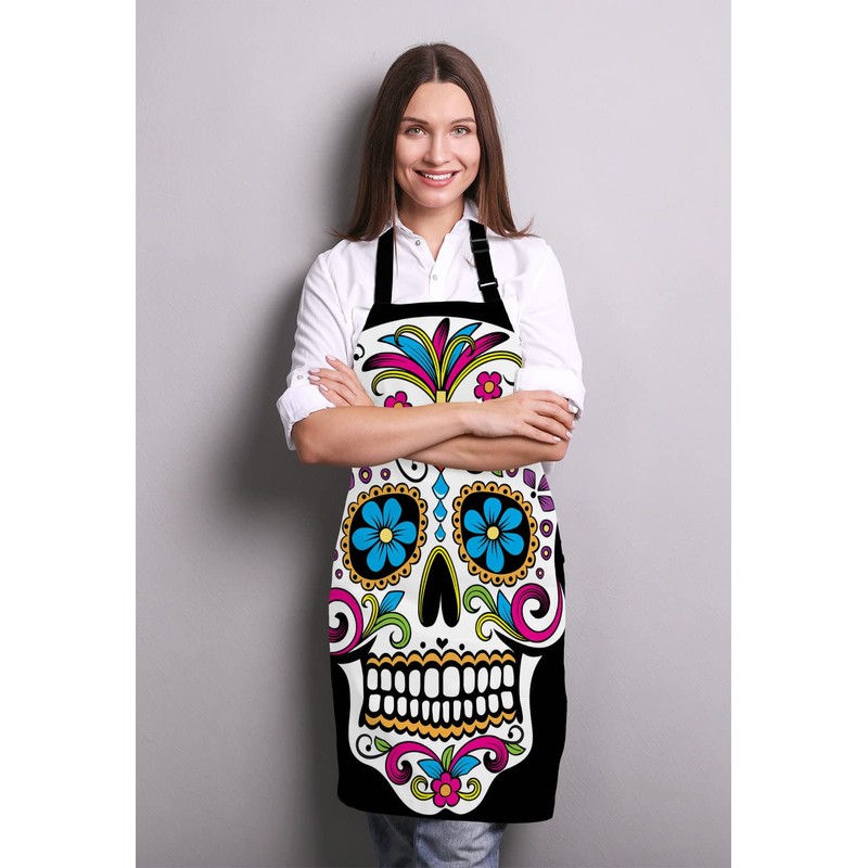 Wasach Sugar Skull Kitchen Cooking BBQ Chef Apron,Funny Apron for