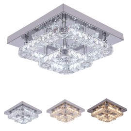 VETRULUS Modern Crystal Ceiling Light, 3-Color Changeable Chandelier Light Square Circular Chandelier Led Flush Mount Crystal Pendant Lighting Fixture for Hallway Livingroom Bedroom