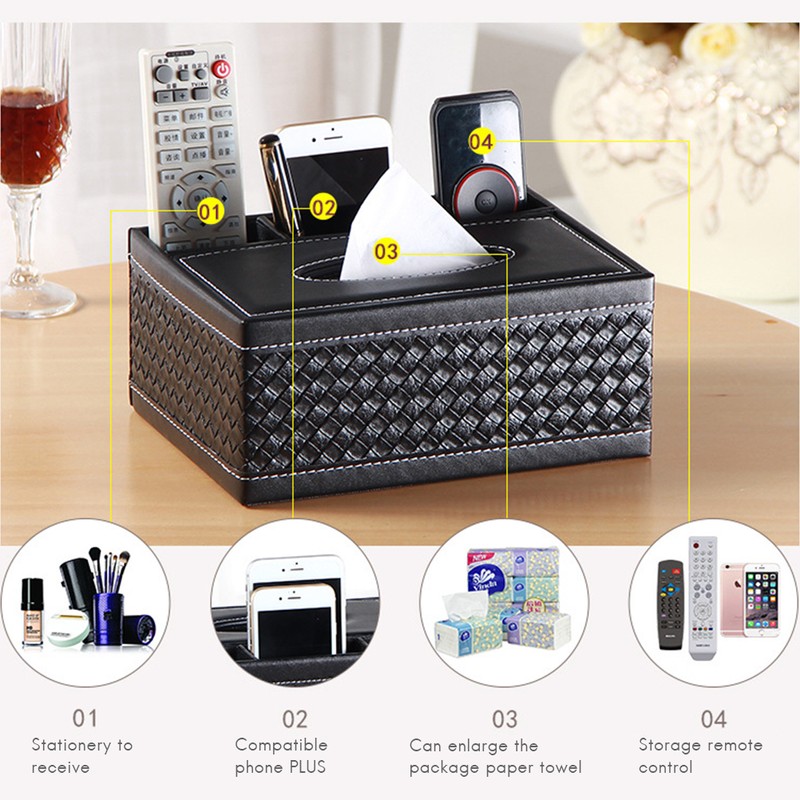 PU Leather Rectangular Remote Control Tissue Box Organizer Tissue Box