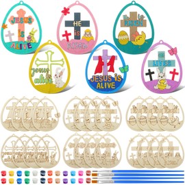 DoubleFill 26 Set Easter Jesus Crafts Kits DIY Religious Wooden Egg Ornament Craft He Is Risen Make Your Own Easter Egg with Paints Brushes for Christian Church Sunday School Activities Party Supplies