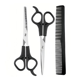 Hair Cutting Shears Set with Professional 6.7inch Hair Cutting Shear, Hair Thinning Scissor and Comb, Hair Shears Stainless Steel Barber Thinning Scissors and Comb Kit for Women/Men (BLACK)