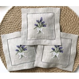 Hand Embroidered Lavender Sachet Bag Wheat Embroidery Natural Linen 6"x6", Set of 3