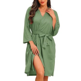 Lovasy Waffle Dressing Gowns for Women UK Lightweight Spa & Bath Robes for Women Ladies Kimono Dressing Gowns Women's Knee Length Robes Women's Waffle Hotel Robe with Pockets,Green,S