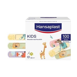Hansaplast Universal Kinderpflaster (100 Strips), Wundpflaster mit niedlichen Tiermotiven zum Aufmuntern, schmerzlos zu entfernende Pflaster