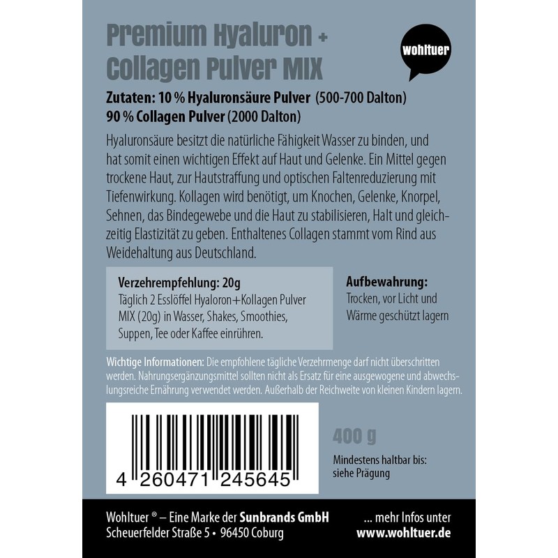 Wohltuer Hyaluronic Collagen Complex in Optimal Mixing Ratio 400 g