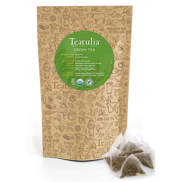 Teatulia Organic, Whole-Leaf Green Tea Bulk Pack, 50 Premium Corn Silk Pyramid Tea Bags | Natural Caffeine & Award Winning Tea | Compostable Tea Bags for Organic Tea Lovers