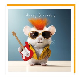 Funny Birthday Card - Male Card for Him - Rockstar Mouse - Music Guitar Design - Embellished Fluff Design - Made in the UK - Eco-Friendly