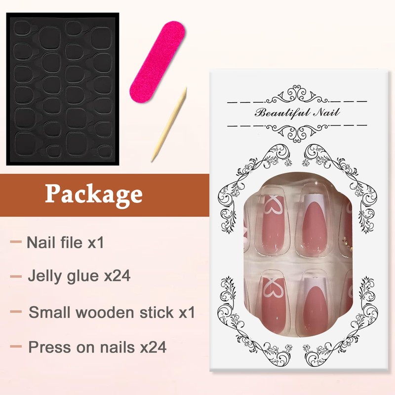 Viugex 24Pcs Pink Press on Nails Long Coffin, White French