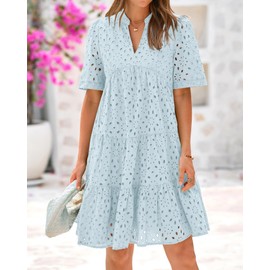 BTFBM Womens Boho Summer Dresses 2025 Resort V Neck Short Sleeve Hollow Out Lace Ruffle Casual Beach Mini Vacation Dress(Light Blue, Large)