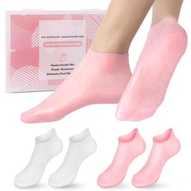 Silicone Moisturizing Socks for Dry Cracked Feet - 2 Pairs Soft Gel Aloe Foot Spa Care, Anti-Slip Moisturizer for Women Nail Skincare - Size: 2 pairs white & pink