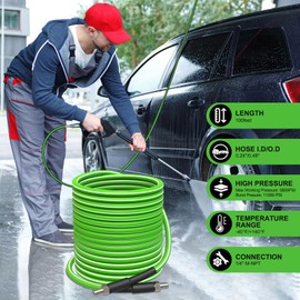 Sewer Jetter Kit for Pressure Washer 100 FT, 5800 PSI Pressure Drain Cleaner Hose for 1/4 Inch NPT Corner, Pressure Washer Cleaning Kit with 5 Pcs Sewer Jetting Nozzle, Pearl Corsage Pin (Green)