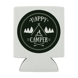 Happy Camper with Campfire Can Cooler - Drink Sleeve Hugger Collapsible Insulator - Beverage Insulated Holder