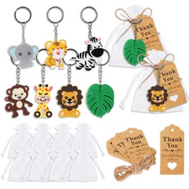 Whaline 64pcs Jungle Safari Animals Keychains 21 Sets Include Cute Zoo Animal Leaf Keychains with Thank You Kraft Tags White Organza Bags Rope for Baby Shower Return Gift Birthday Party Supplies