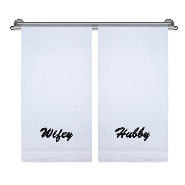Wifey and Hubby Monogrammed Bath Towels, Couple's Gift Sets, Soft, Highly Absorbent, Anniversary, Wedding, Engagement Gifts for Couples, Turkish Genuine Cotton 2 Piece Bath Towel Set, White