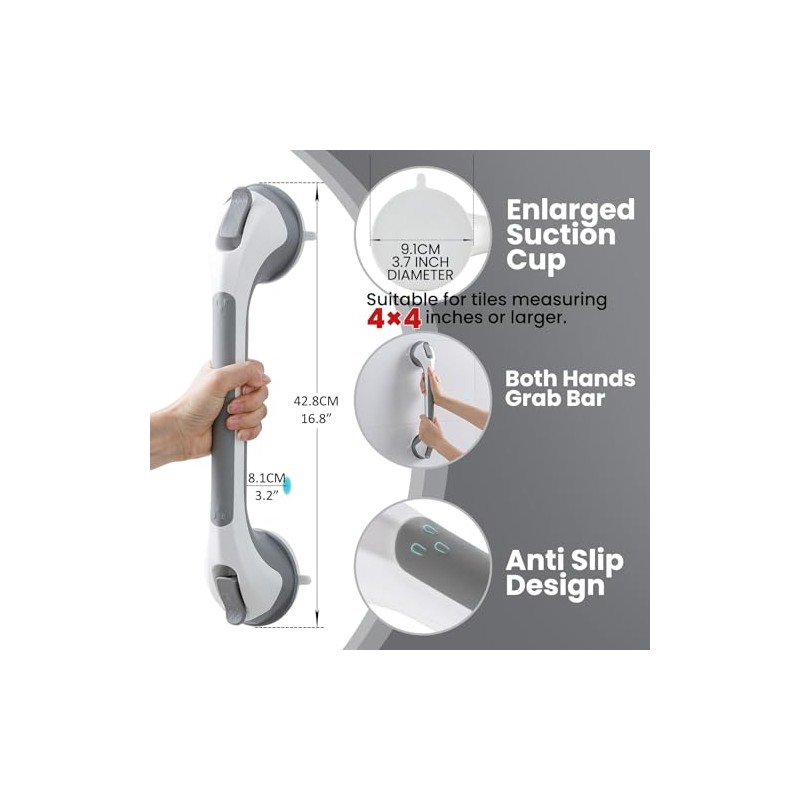 TAILI Suction Grab Rail for Bathroom,110kg,43cm,NoDrill,Elderly,Grey,2pcs