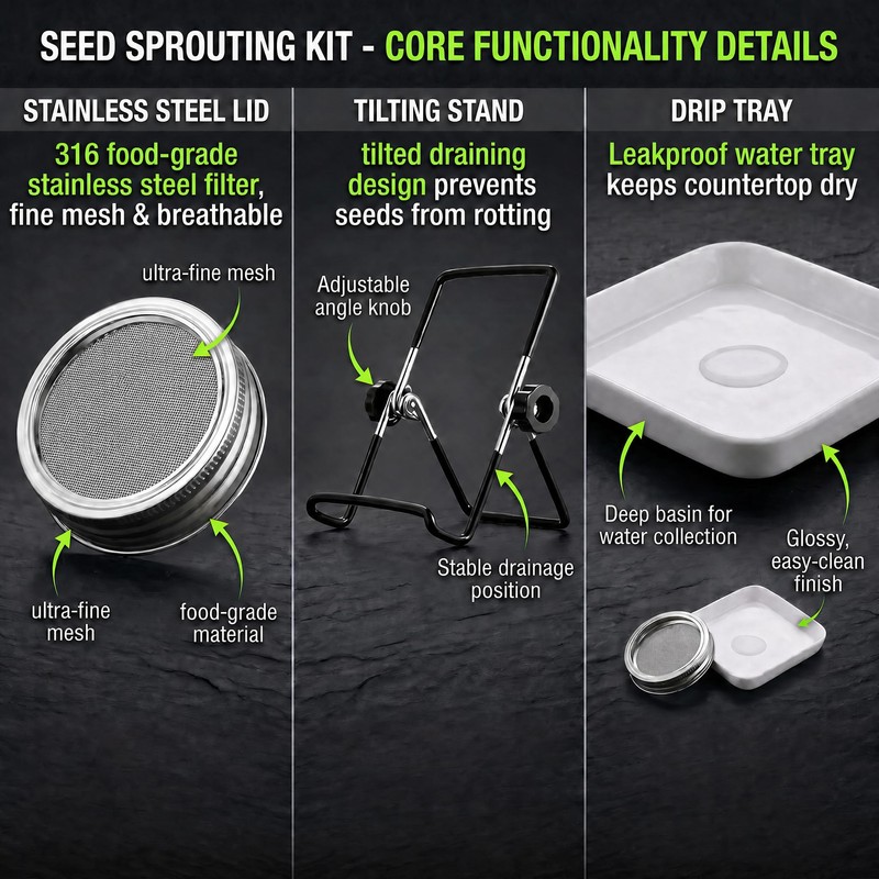 4 Large 1000ML Wide Mouth Mason Jar Sprouting Kit, with