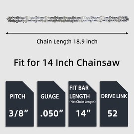 2 Pack 14 Inch Chainsaw Chain 52 Drive Links, .050" Gauge, 3/8" LP pitch, 14-Inch Replacement Chainsaw Chains Fits Craftsman, Echo, Poulan, Ryobi, Worx and More