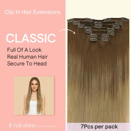 Full Shine Clip in Human Hair Extensions, Dirty Blonde to Honey Blonde Hair Extensions Clip In, Double Weft Remy Hair for Women Add Volume Lenghth, Straight 14Inch 120G 7 PCS