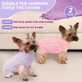 Lorehelina 2 Pack Dog Sweaters for Small Dogs Winter Turtleneck Pullover Cable Knit Fleece Stretch Puppy Doggie Chihuahua Toy Poodle Yorkie Pomeranian Boy Girl Pet Clothes (XS, Pink & Purple)