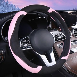 WJMZ Soft Suede Leather Steering Wheel Cover, Warm Steering Wheel Cover Fashion Universal 15 inch, Pink