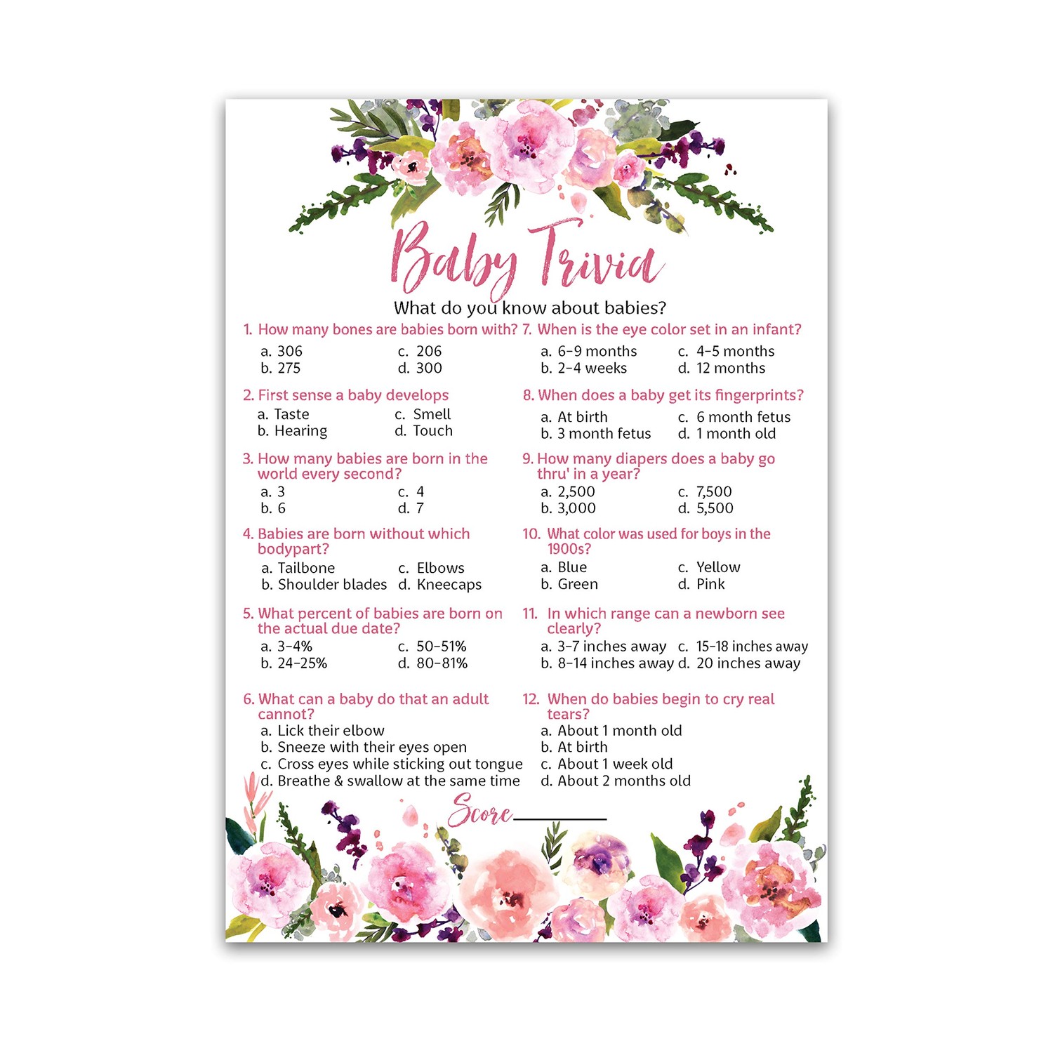 Pink BABY TRIVIA Game — FLORAL PINK Baby Shower Game — 25 Guests — Fun ...