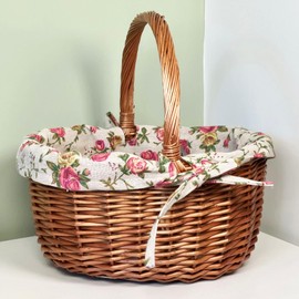 Wicker Shopping Basket 31cm Pink Rose Liner Oval Double Steamed Willow Carry Shopper