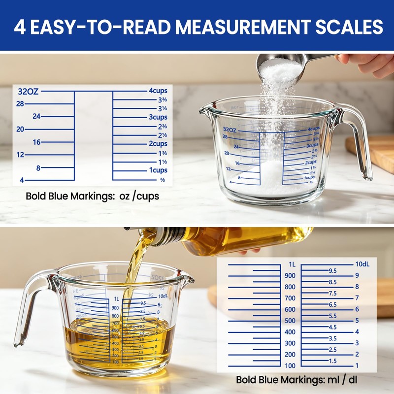 Glass Measuring Cup, 4 Cup Measuring Cup with Lid, High