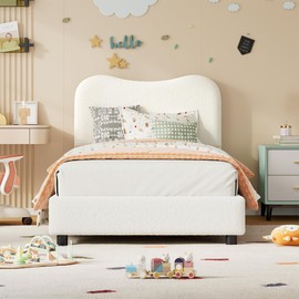 Senfot White Twin Kids Bed Frame with Upholstered Headboard, Low Profile Sturdy Platform Bed with Soft Boucle Fabric for Girls and Boys, Heavy Duty, Wooden Slats, Noise Free, No Box Spring Needed