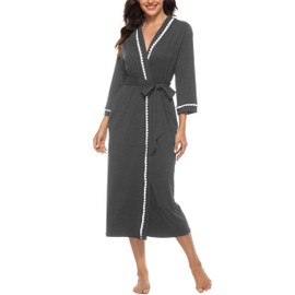 Vlazom Womens Dressing Gown Soft Kimono Robe V-Neck Long Knit Bathrobe Nightwear Sleepwear for All Seasons, Dark Grey, XL